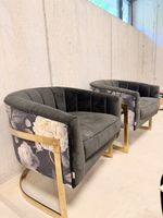 2 Sessel Olivgrün Samt Blumenmuster Goldgestell 