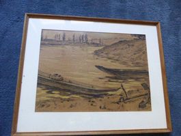 Karl Bartels,original Kreidebild,Flusslandschat mit Booten