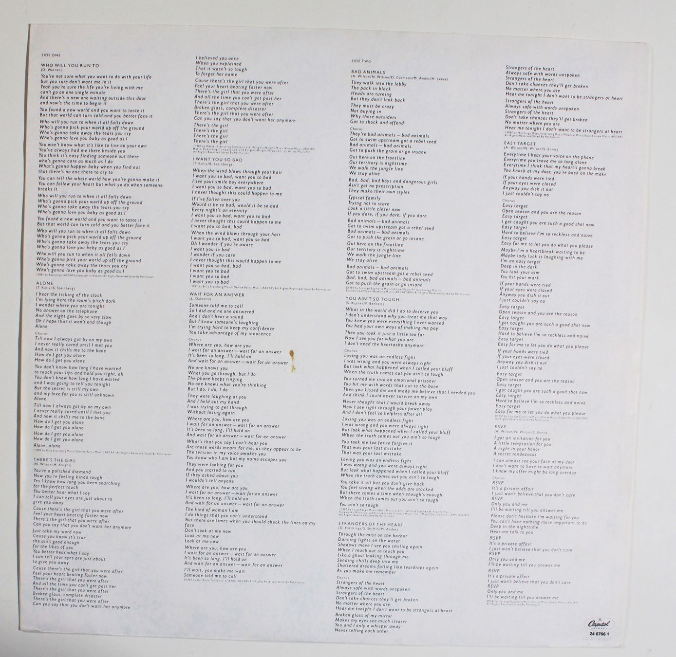 Dischi in vinile: LP HEART - BAD ANIMALS - 1st Press 1987 – Usato da Brüttisellen venduto da Collector-Corner 3