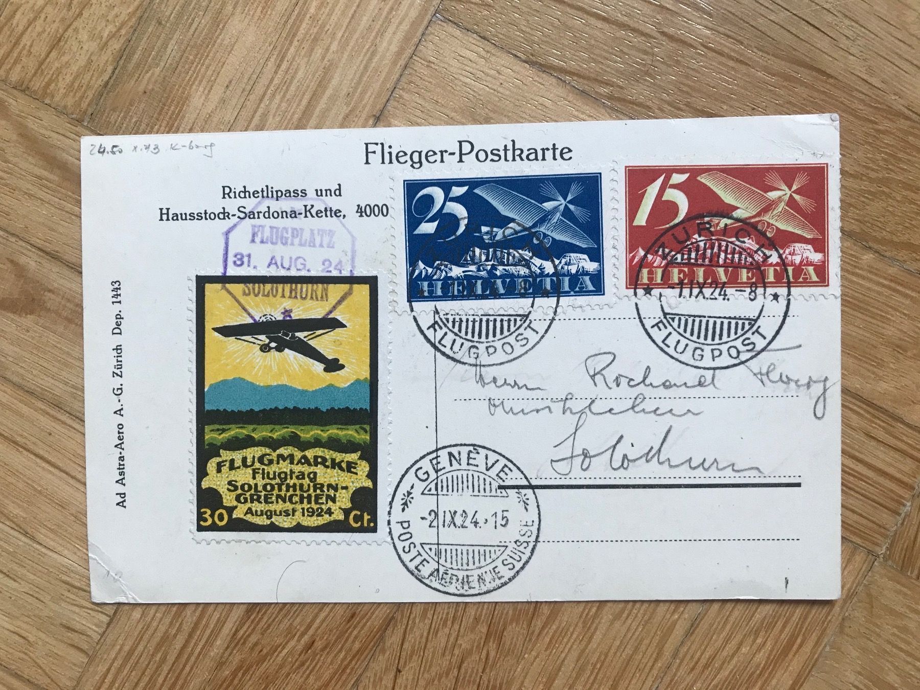 Tutti i francobolli: 1924 Flieger-Postkarte nach Solothurn – Usato da stäfa venduto da brandy66