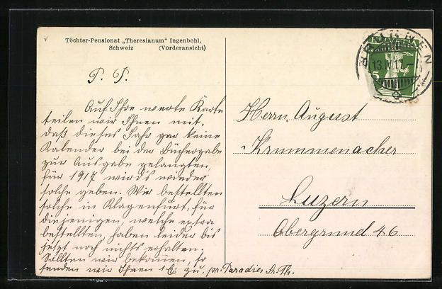 Cartoline postali: Ingenbohl, Töchter-Pensionat Theresianu – Usato da Berlin venduto da bartko-reher 1