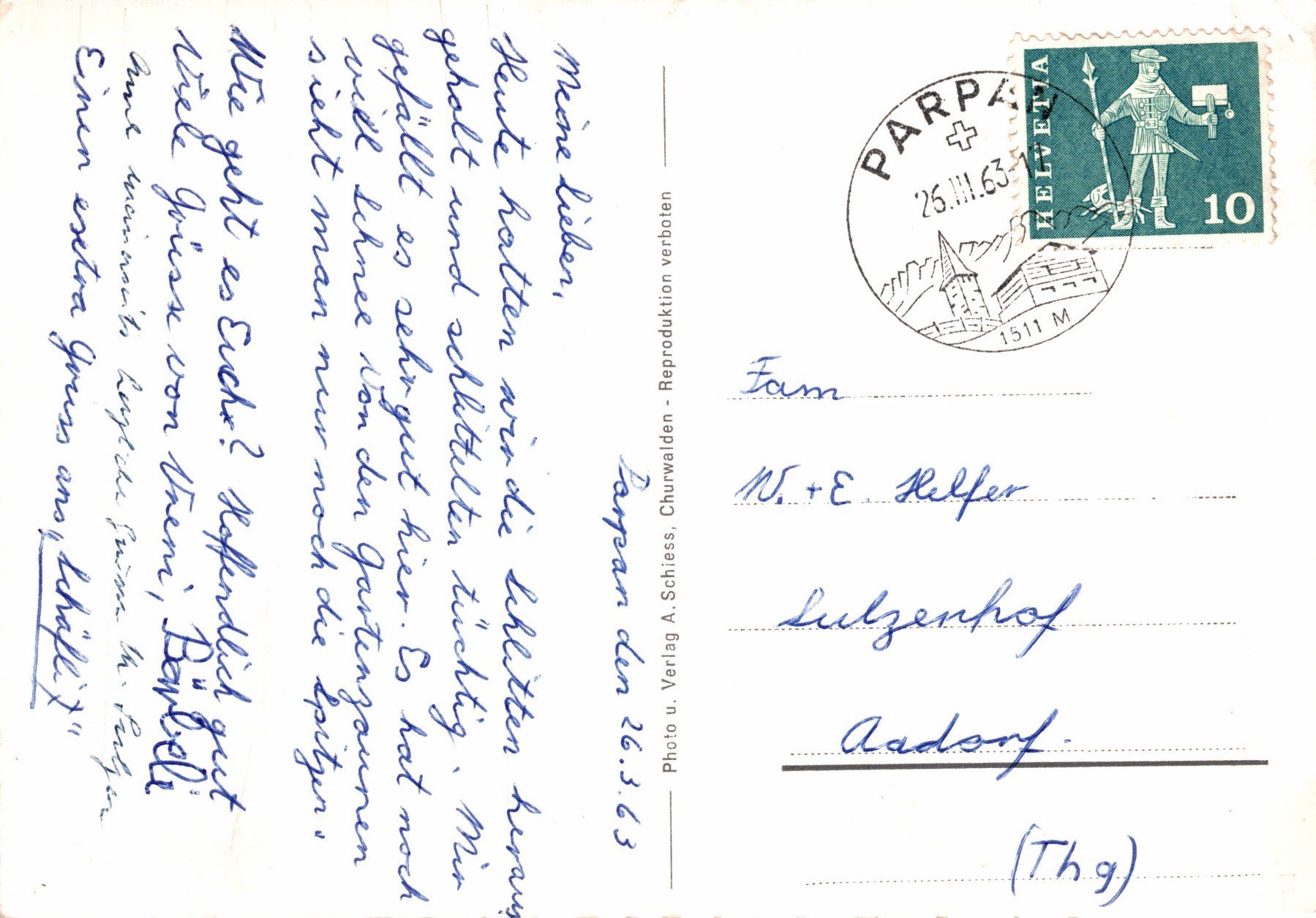 Cartoline postali: Parpan 1511 m. mit Parpaner-Hörner – Usato da Bronschhofen venduto da Astore 1