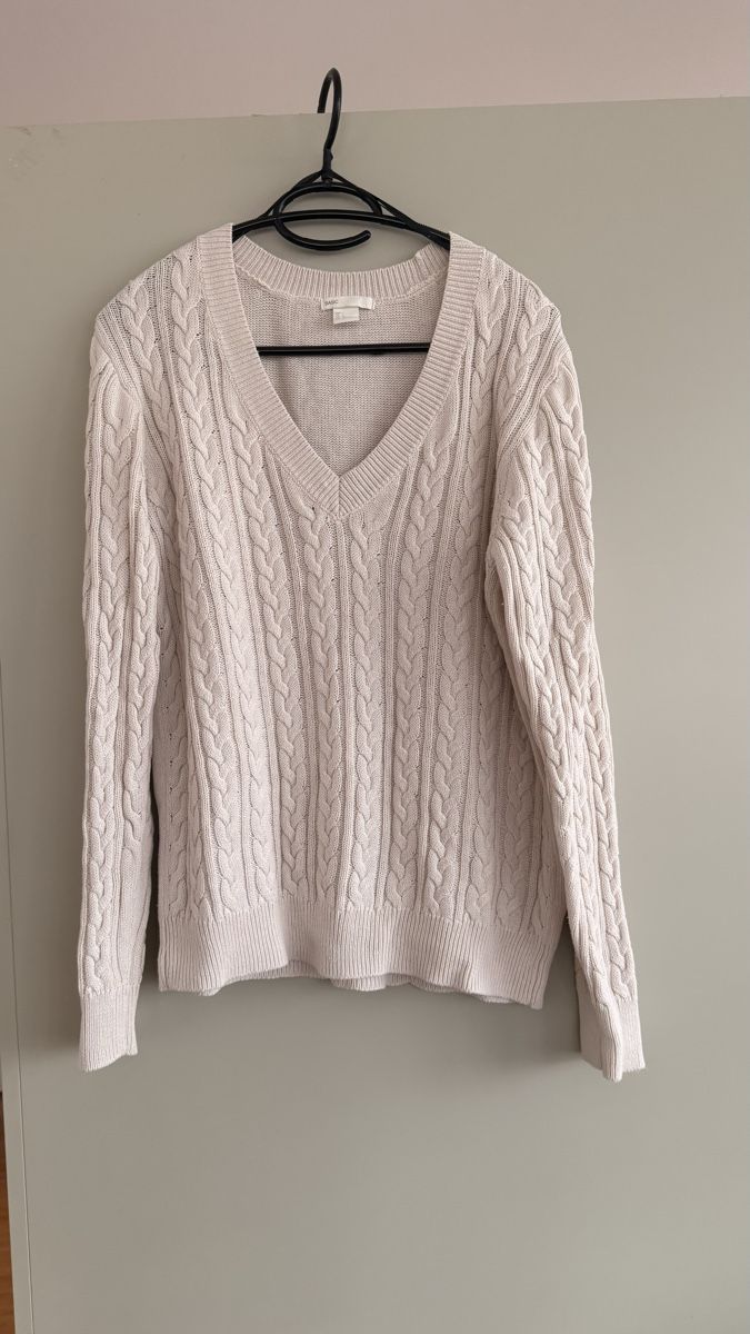 Maglioni & Felpe: Beiger Strickpullover mit V-Ausschnitt und Zopfmuster gr.L – Usato da Winterthur venduto da -BeHappy24- 3