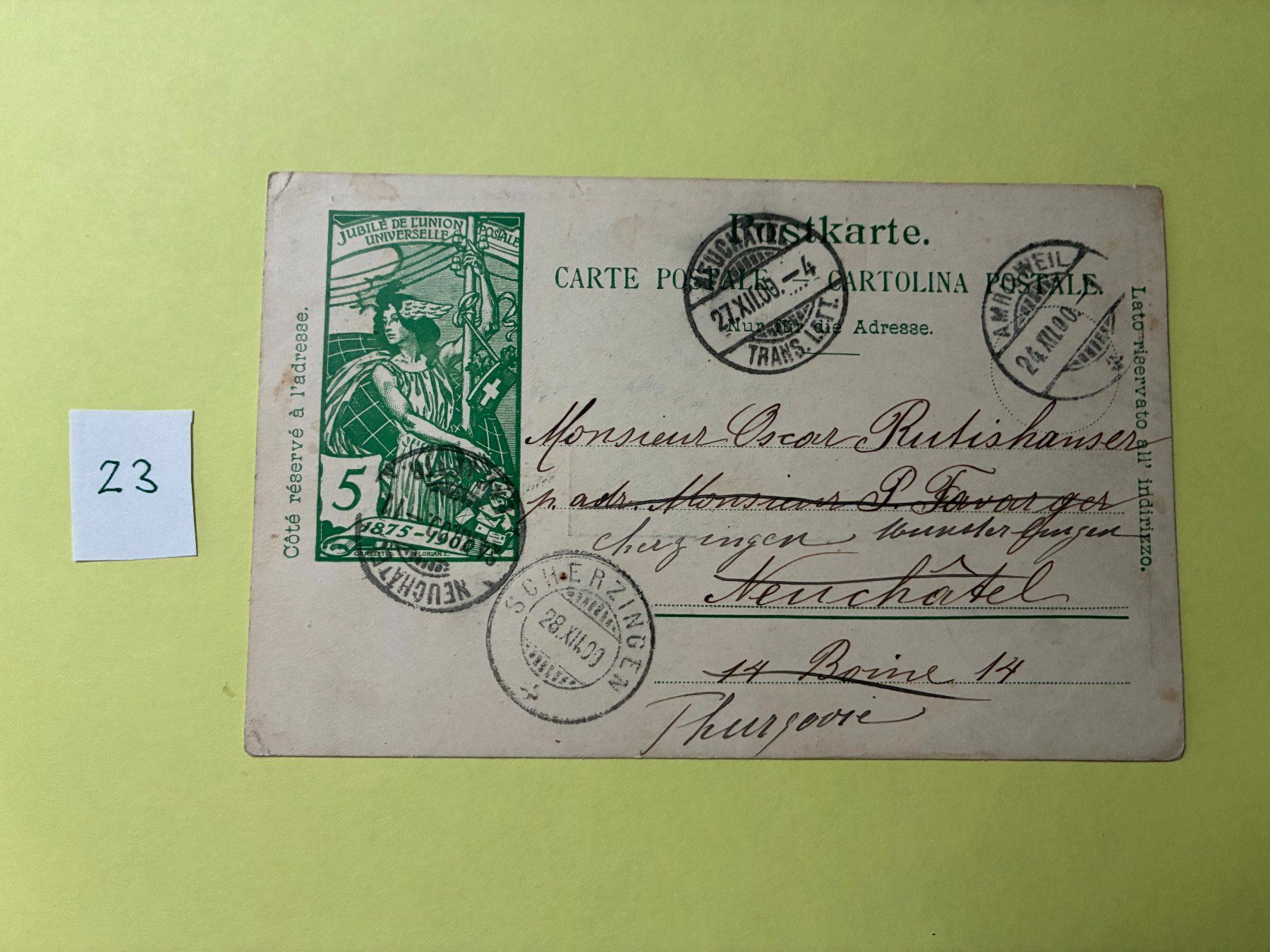 Cartoline postali: Ansichtskarte Weltpost Verein 1900 – Usato da Volketswil venduto da Jdansk 1