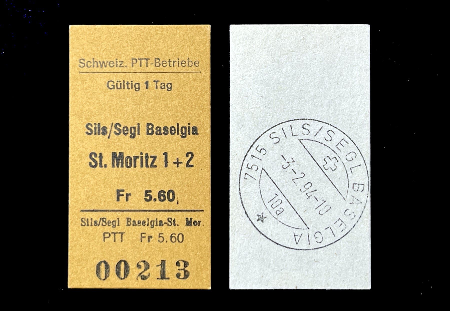 Biglietti: Sils Baselgia St.Moritz 1+2  Postauto Edmondsonsches Billett – Usato da Bern venduto da AWiBe