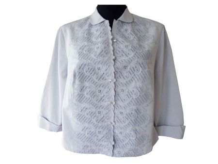Bluse Gr. XL hellblau 3/4-Ärmel VINTAGE 1950s mit Stickerei
