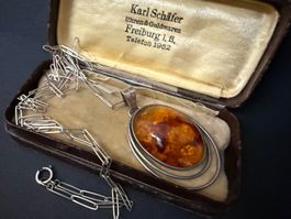 Vintage Silber Kette mit Bernstein Anhänger 835