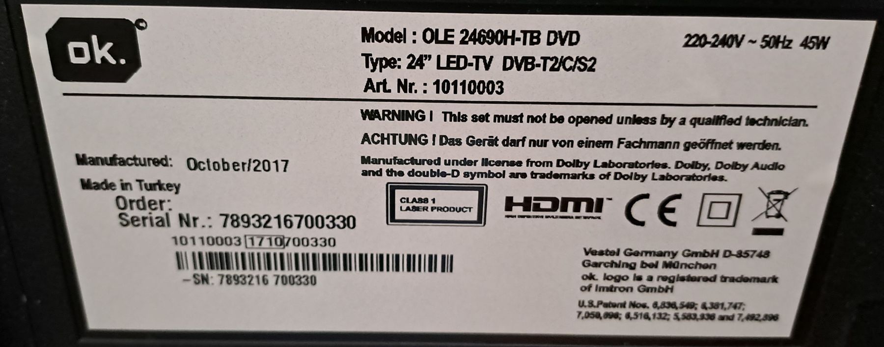 Televisori: Ok. 24" LED-TV mit DVD-Player – Usato da Schötz venduto da Alesig71 1