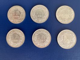 Silbermünzen Set, 6 Einfränkler 1965
