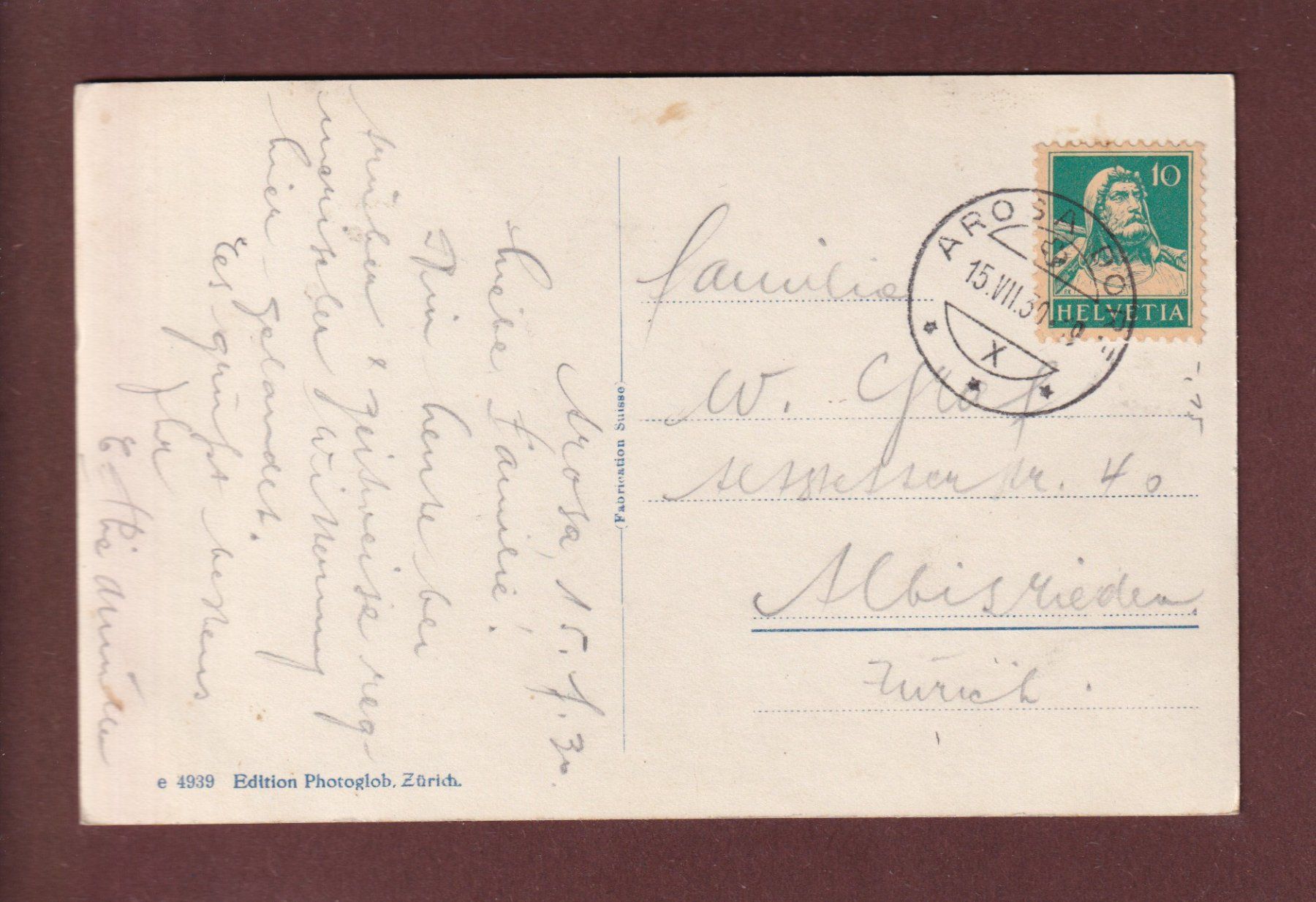 Ansichtskarten: AROSA - Ober- und Untersee - 1930 – Gebraucht aus Pully von nicecards 1