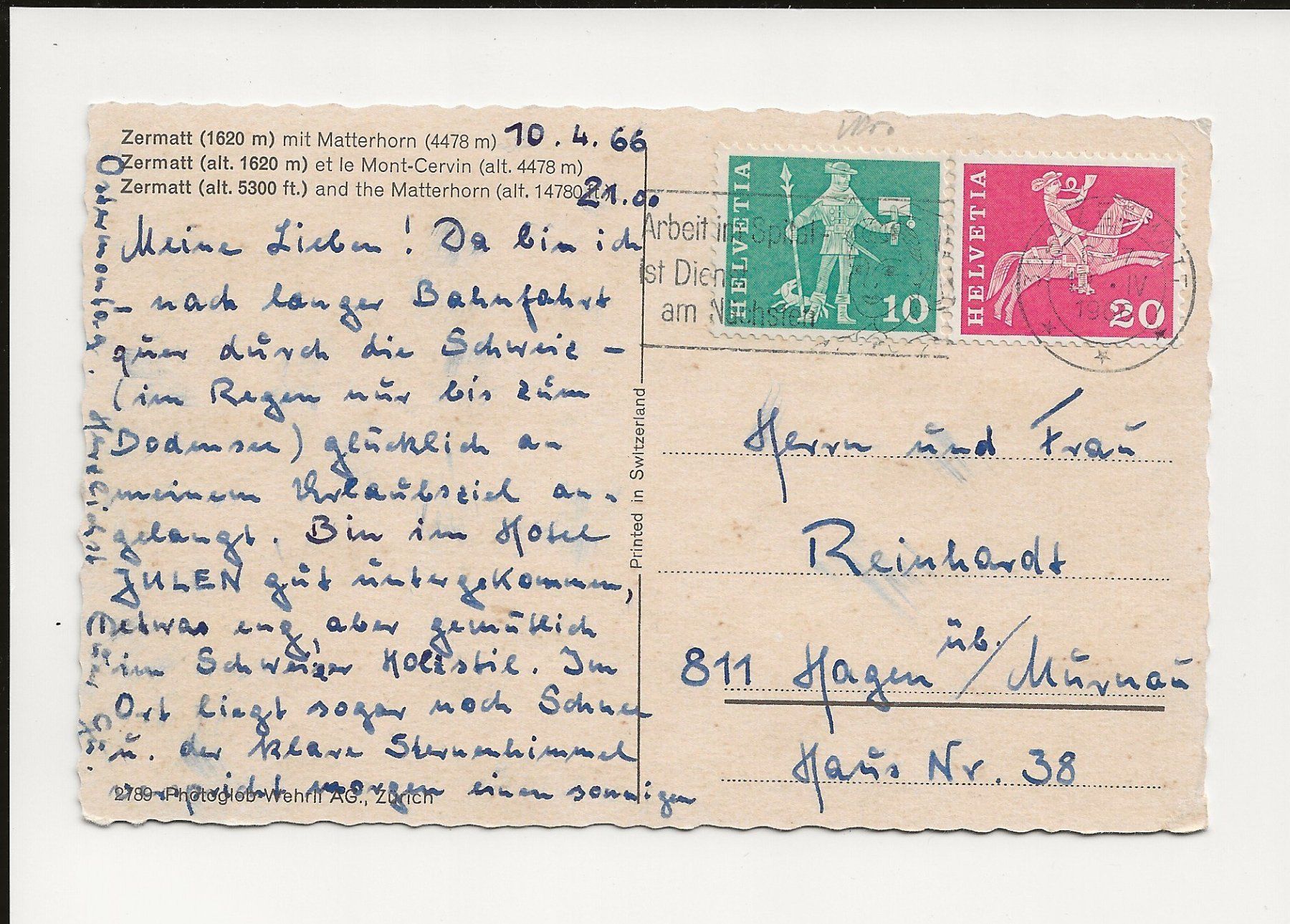 Cartoline postali: AK 1966 Zermatt mit Matterhorn – Usato da Greifensee venduto da 315WDO 1