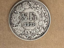 SVIZZERA 1/2  FR MONETA IN ARGENTO 1928 usata - circolata