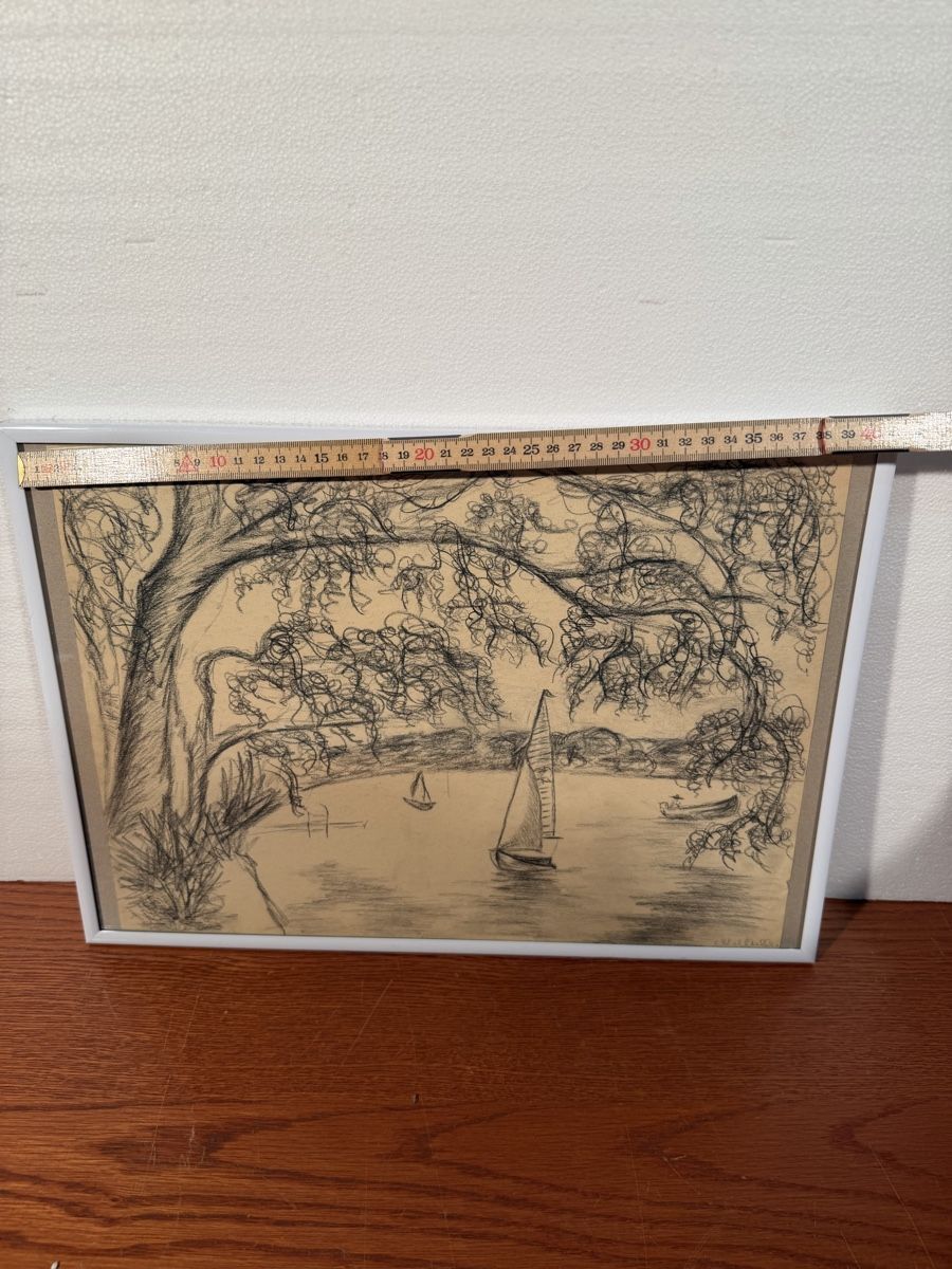 Dipinti: Framed Charcoal Drawing - Trees and Boats, signed Muller – Usato da Lausanne venduto da artnouveau05 4