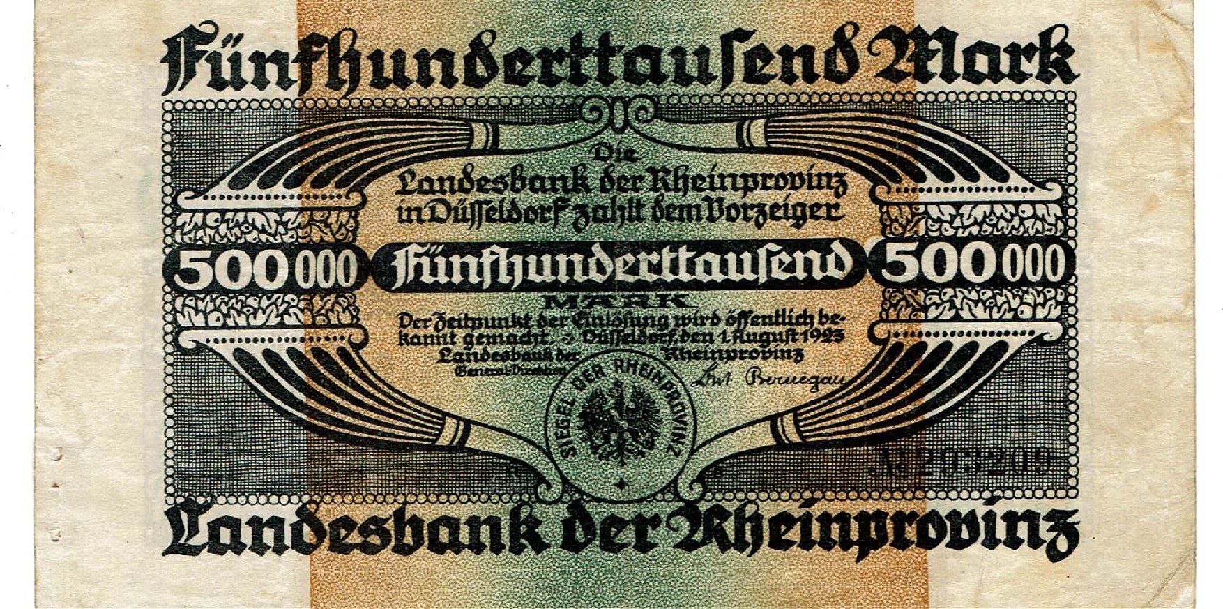 Banknoten: Düsseldorf 500000 Mark 01.08.1923 SS++-VZ – Gebraucht aus Steffisburg von ber_8htf