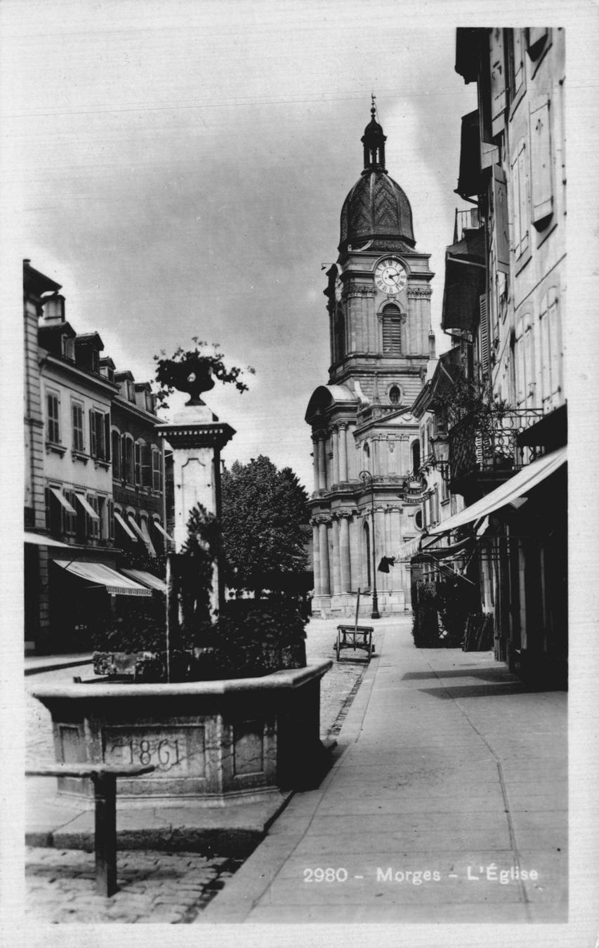 Ansichtskarten: Ansichtskarte Morges Kirche Brunnen 1934 – Gebraucht aus Oberkirch LU von sa_kr