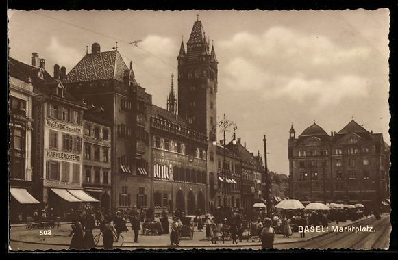 Ansichtskarten: Basel, Marktplatz mit Marktbetrieb, Turm – Gebraucht aus Berlin von bartko-reher