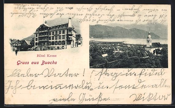 Cartoline postali: AK Buochs, Ortsansicht und Hotel Krone – Usato da Berlin venduto da bartko-reher
