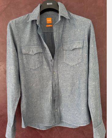 Boss Herren Hemd M 38/40 blau mit Muster Baumwolle mit Akzen