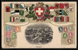 Litho Moudon, Panorama, Wappen und Brief