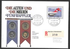 Münzbrief alte + neue 5-Rappen-Münzen Bern 1.6.1981