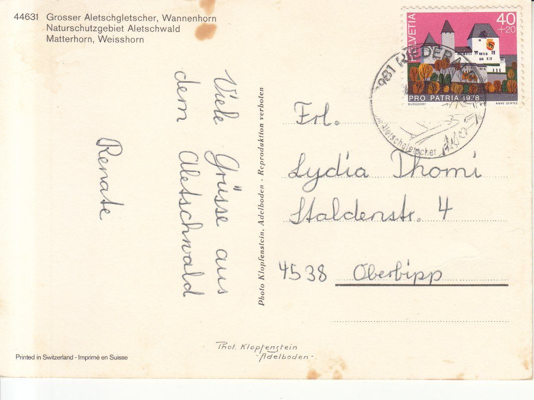 Cartoline postali: Riederalp Bettmeralp 1978 – Usato da Bürglen TG venduto da StampGraf 1