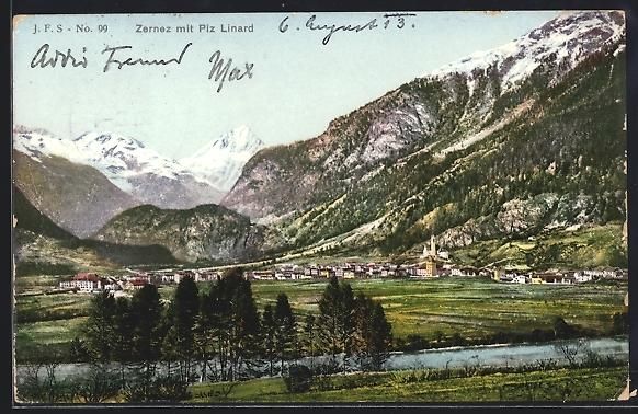 Cartoline postali: AK Zernez, Ortsansicht mit Piz Linard – Usato da Berlin venduto da bartko-reher