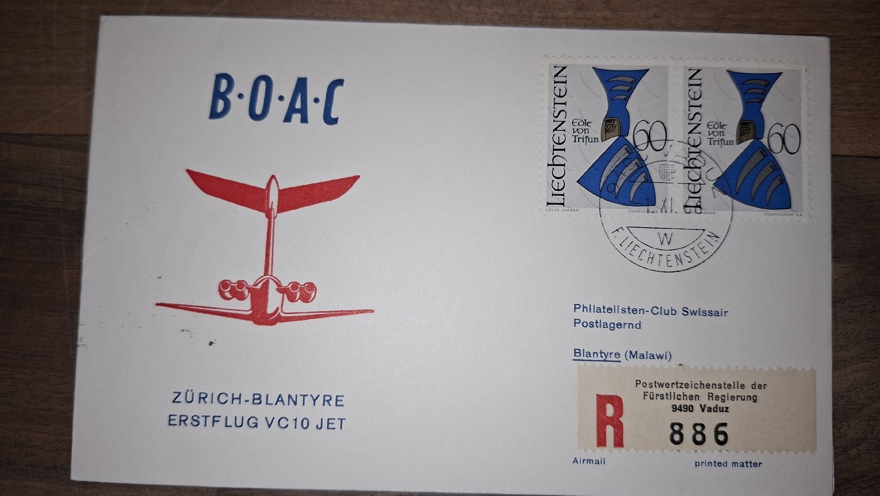 Tutti i francobolli: Boac Zürich - Blantyre 01.11.1966 – Usato da Balgach venduto da SIMEON27