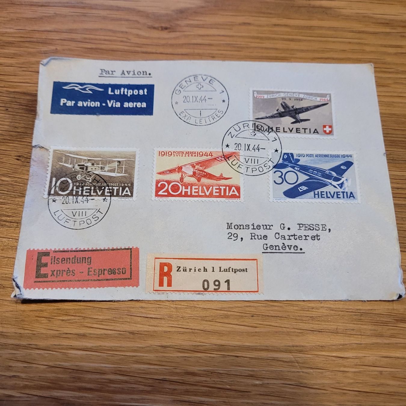 Alle Briefmarken: Luftpost Genève 1944 Zürich Express – Gebraucht aus Biel/Bienne von Destockweb