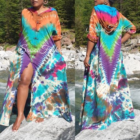 Sommer Batik  HandgefärbtBoho Hoodie Maxikleid Mantel S-XXL