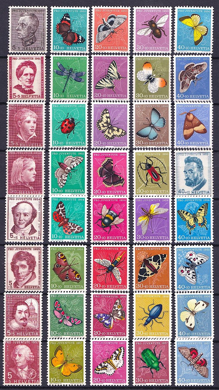 Tutti i francobolli: PJ 1950-1957 Insektenbilder, postfrisch** – Nuovo (secondo la descrizione) da Richterswil venduto da Dyaris2025