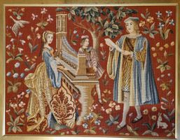Antiker Gobelin, Stickerei, Mittelalter Szene, gerahmt