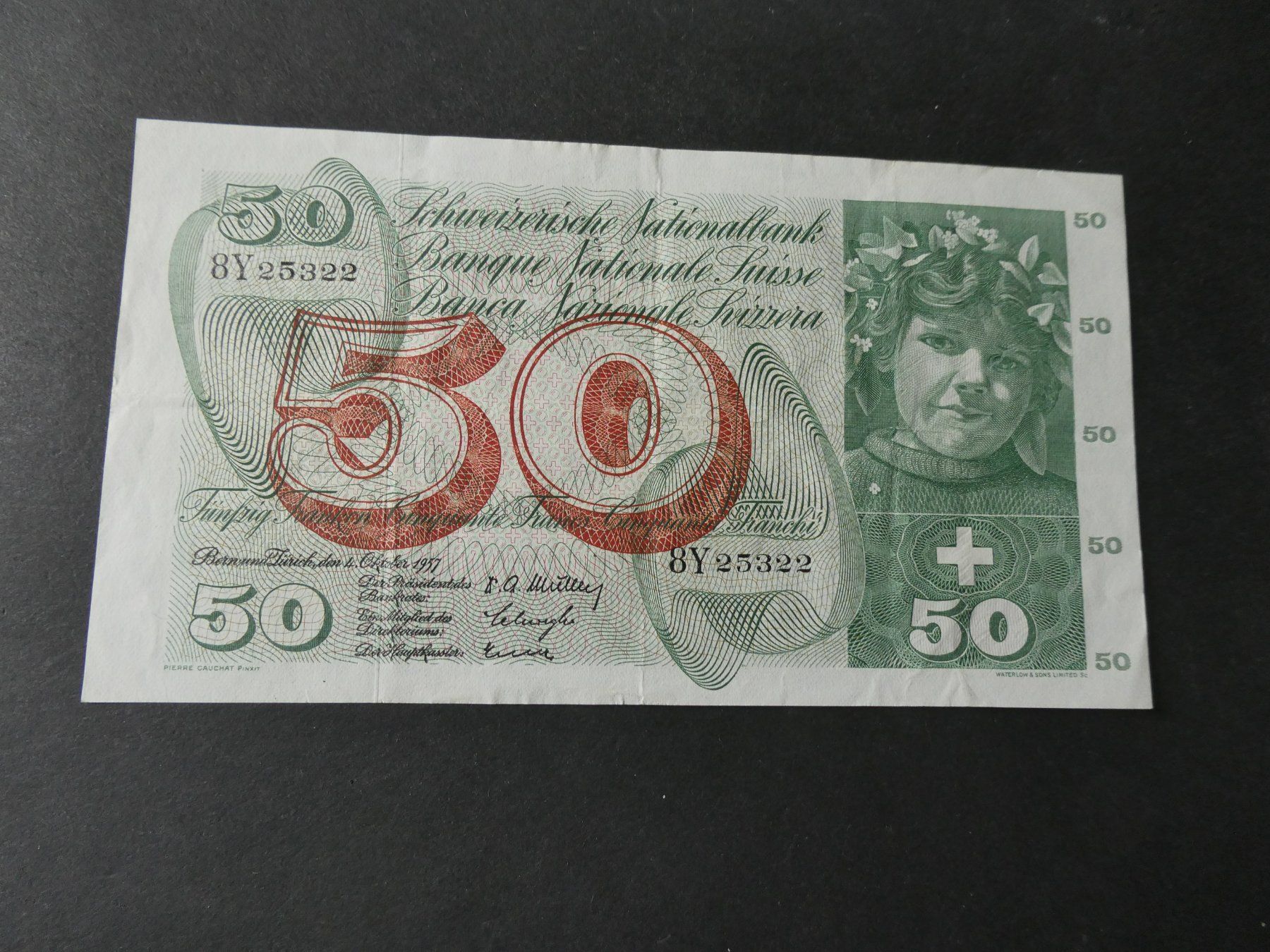 Banknoten: Schweiz 1957, 50 Franken – Gebraucht aus Hinterforst von Rohusri