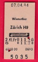 KARTON BILLETT, WINTERTHUR - ZÜRICH HB, 2.KLASSE, RETOUR