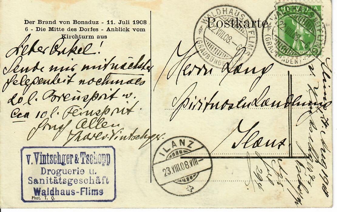 Ansichtskarten: der Brand von Bonaduz 11. Juli 1908 – Gebraucht aus Hochdorf von Ziegel-16 1
