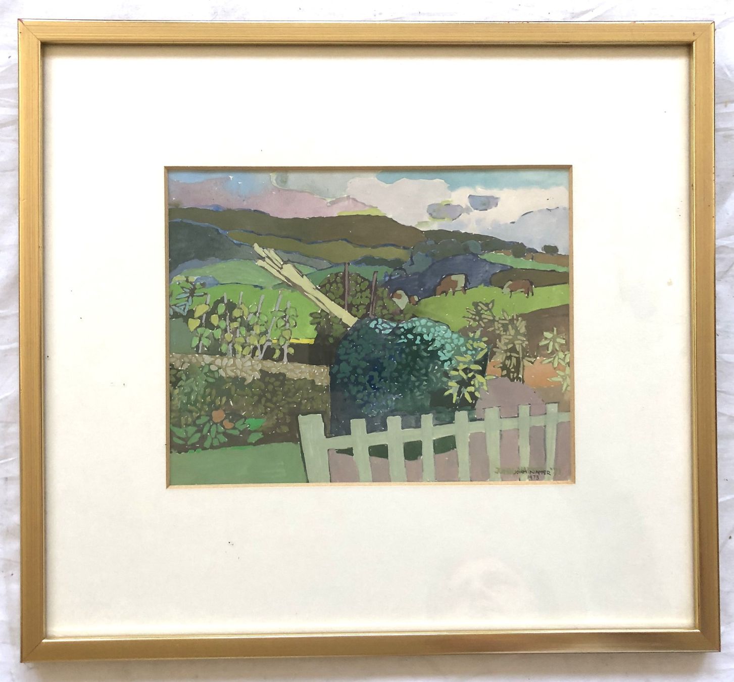 Dipinti: John Napper (1916-2001) - Gouache - "Landscape with cows" – Usato da Schaffhausen venduto da durruti