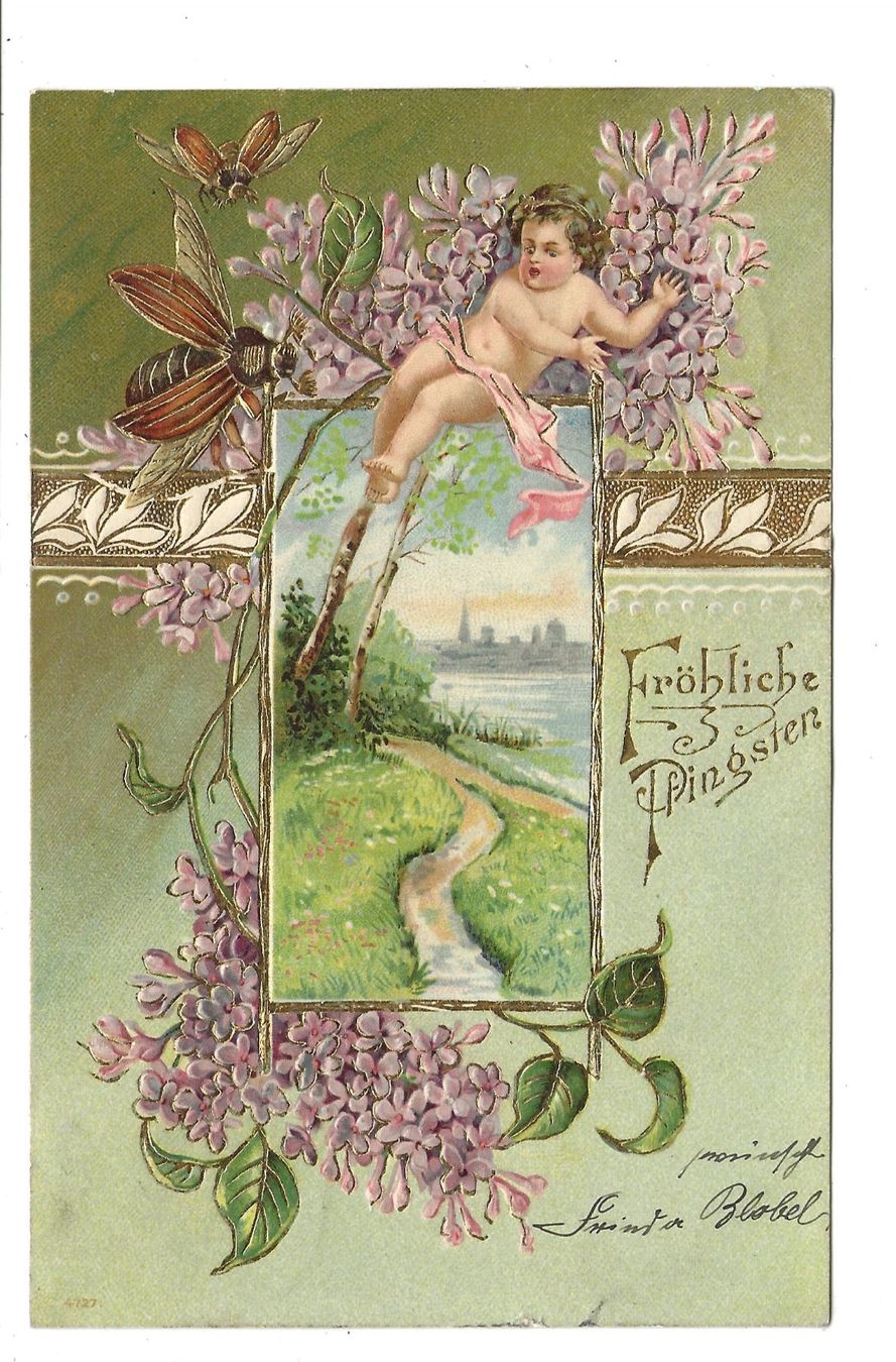 Cartoline postali: Fröhliche Pfingsten - Maikäfer - Kind - Präge-Litho - 1903 – Usato da Engelburg venduto da Cartophil