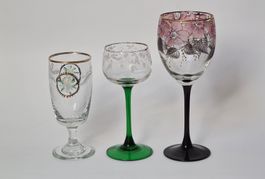3 geritzte Gläser von Hand bemalt