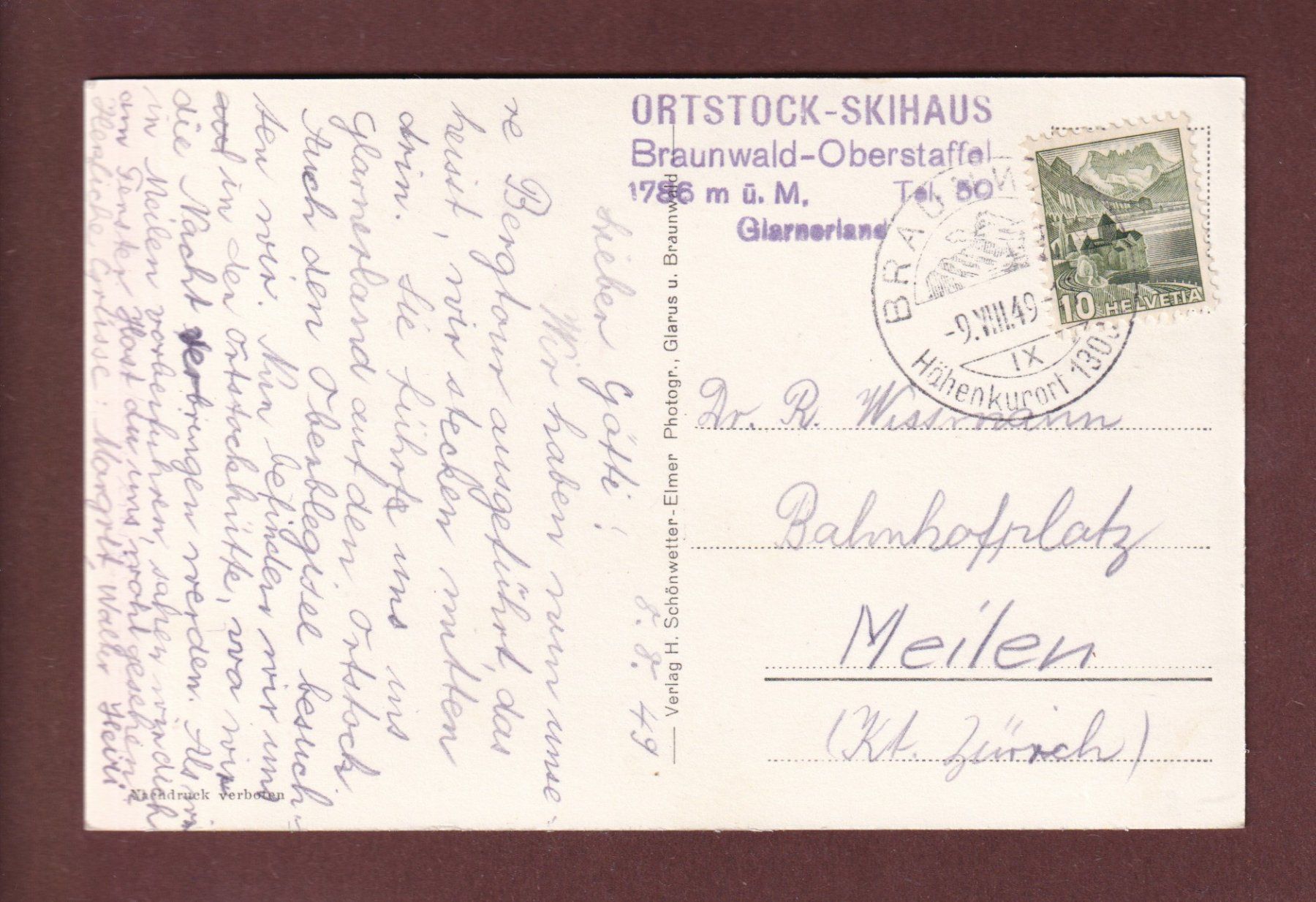 Ansichtskarten: BRAUNWALDALP - Eckstock - 1949 – Gebraucht aus Pully von nicecards-shop 1