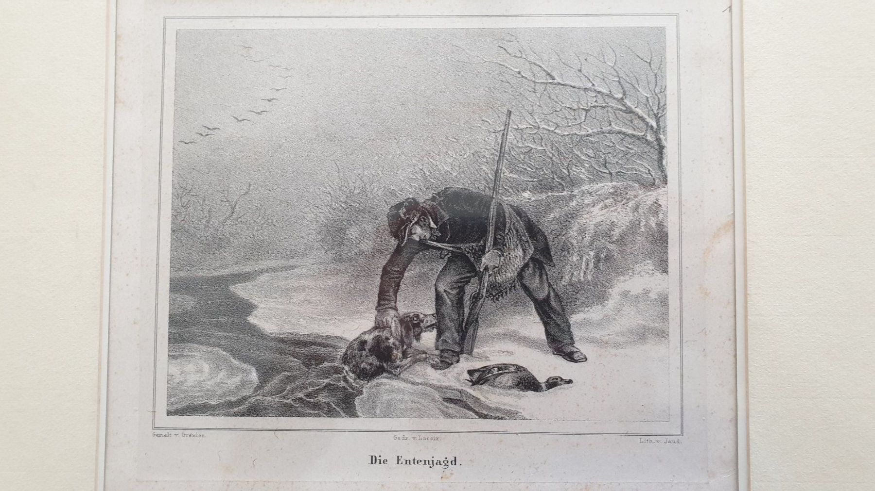 Grafica & Litografie: Die Entenjagd. Lithographie. Um 1850. – Usato da Goldach venduto da armando_r