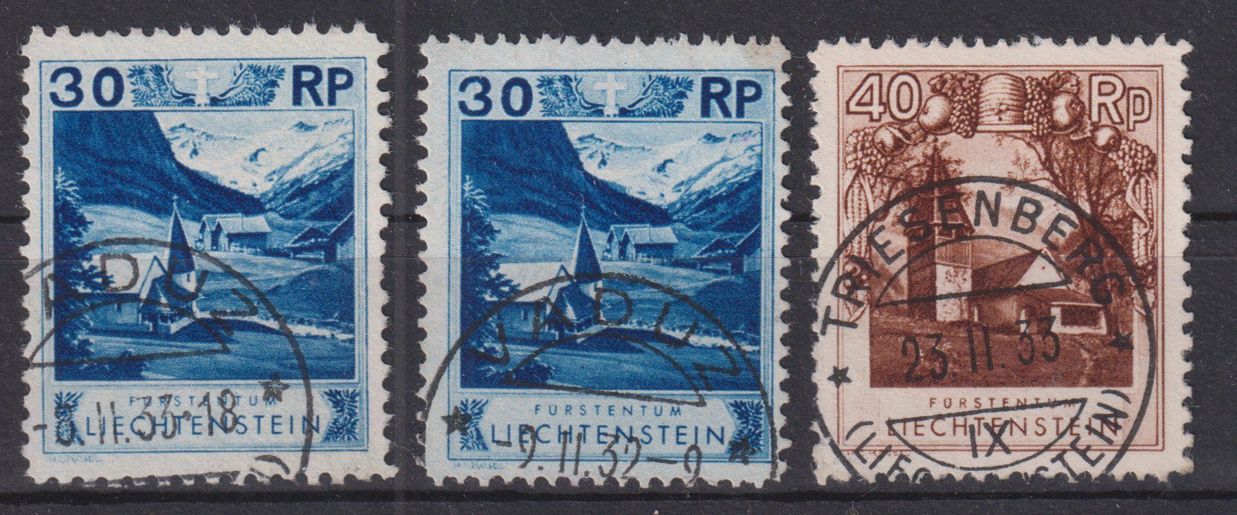 Tutti i francobolli: Liechtenstein 1938: 3 Werte Landschaftsbilder – Usato da Eschlikon TG venduto da PhilCon