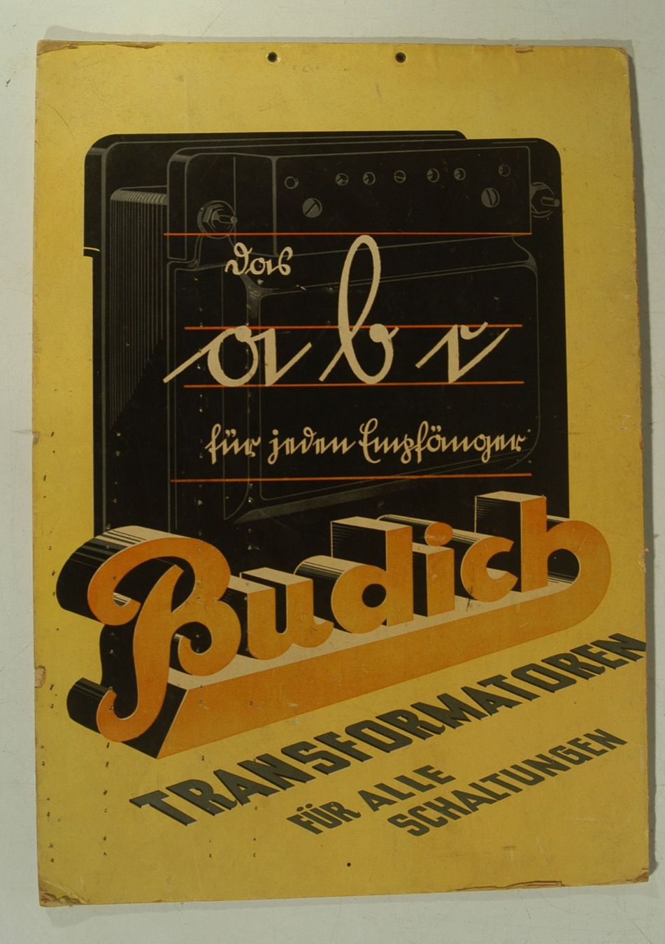 Schilder: Werbeschild Budich Transformatoren Karton 34 x 47 cm – Gebraucht aus Herisau von Wisen