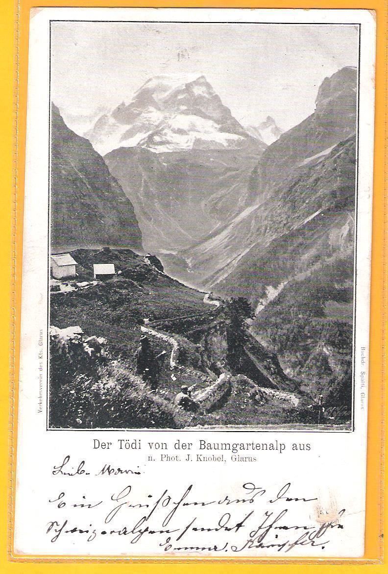 Cartoline postali: 28.6.1900 sw Litho/Glarus Baumgartenalp top Sicht – Usato da Zürich venduto da Hagliweg 3
