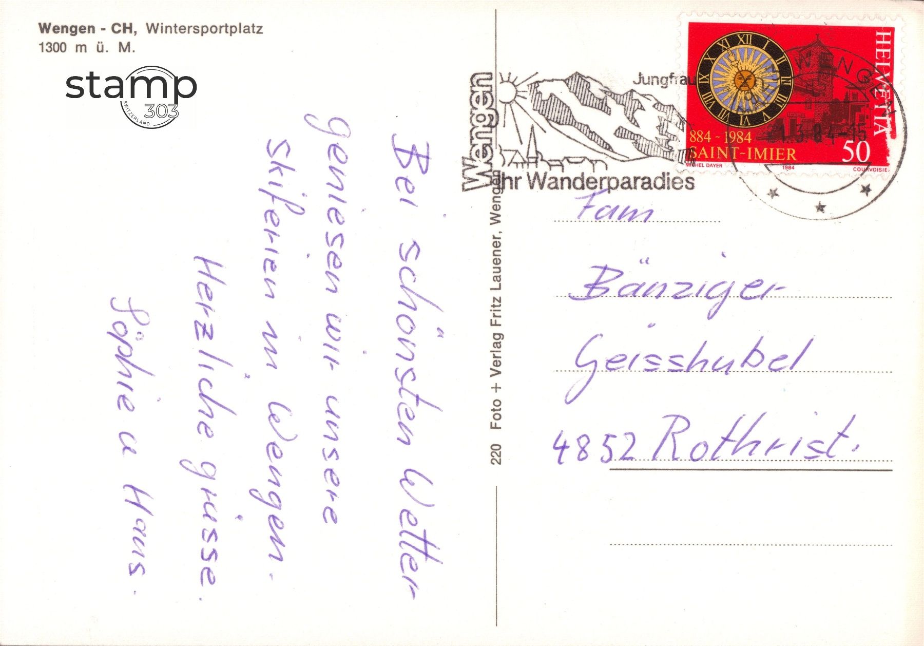 Cartoline postali: 1984 AK Wengen _ Wintersportplatz – Usato da Eggersriet venduto da stamp303 1