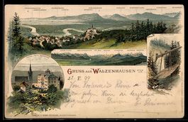 Lithographie Walzenhausen, Kirche u. Hotel Rheinburg, Panora