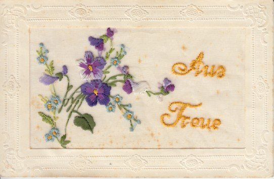 Cartoline postali: Seidenkarte mit Blumen, "Aus Treue" – Usato da Zuerich venduto da OceanLinerPostcards