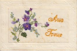 Seidenkarte mit Blumen, "Aus Treue"