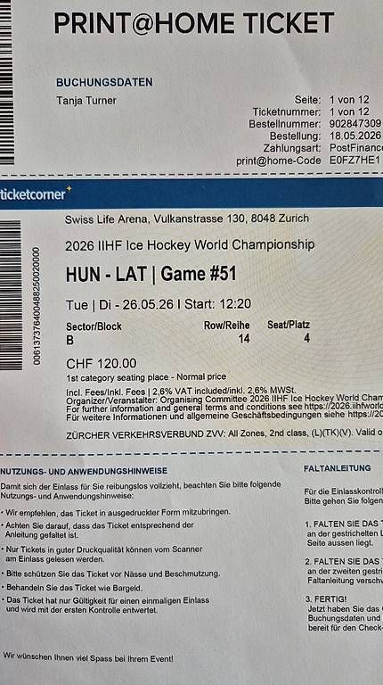 Biglietti: 4 Tickets WM HUN - LAT  – Usato da Dänikon ZH venduto da Tanja555
