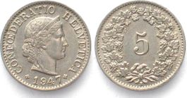 EIDGENOSSENSCHAFT 5 Rappen 1947 Ku-Ni ERHALTUNG! unz