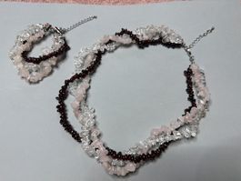 Bergkristall, Rosenquarz & Granat Heilstein Schmuckset