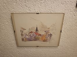 Aquarelle ville avec bateaux et mouettes. Bon état.